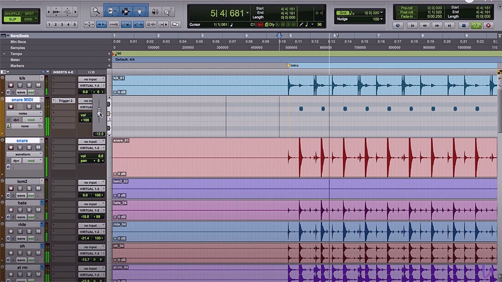 Screenshot of Pro Tools with a set of drum tracks and MIDI tracks to add drum samples