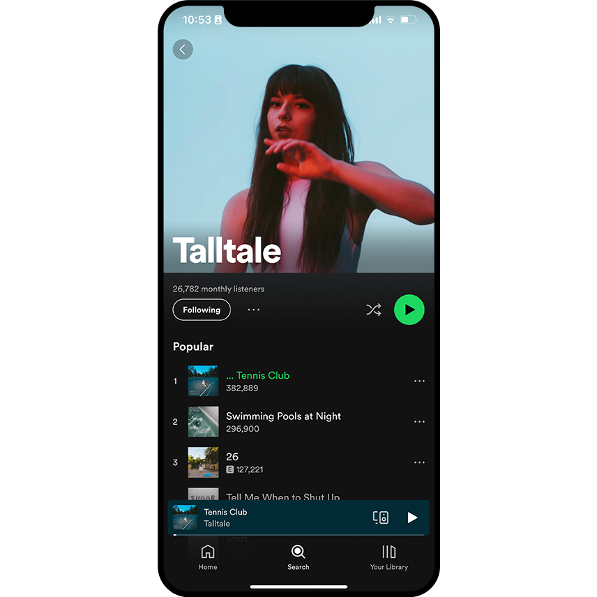 Music artist Talltale on Spotify on an iPhone
