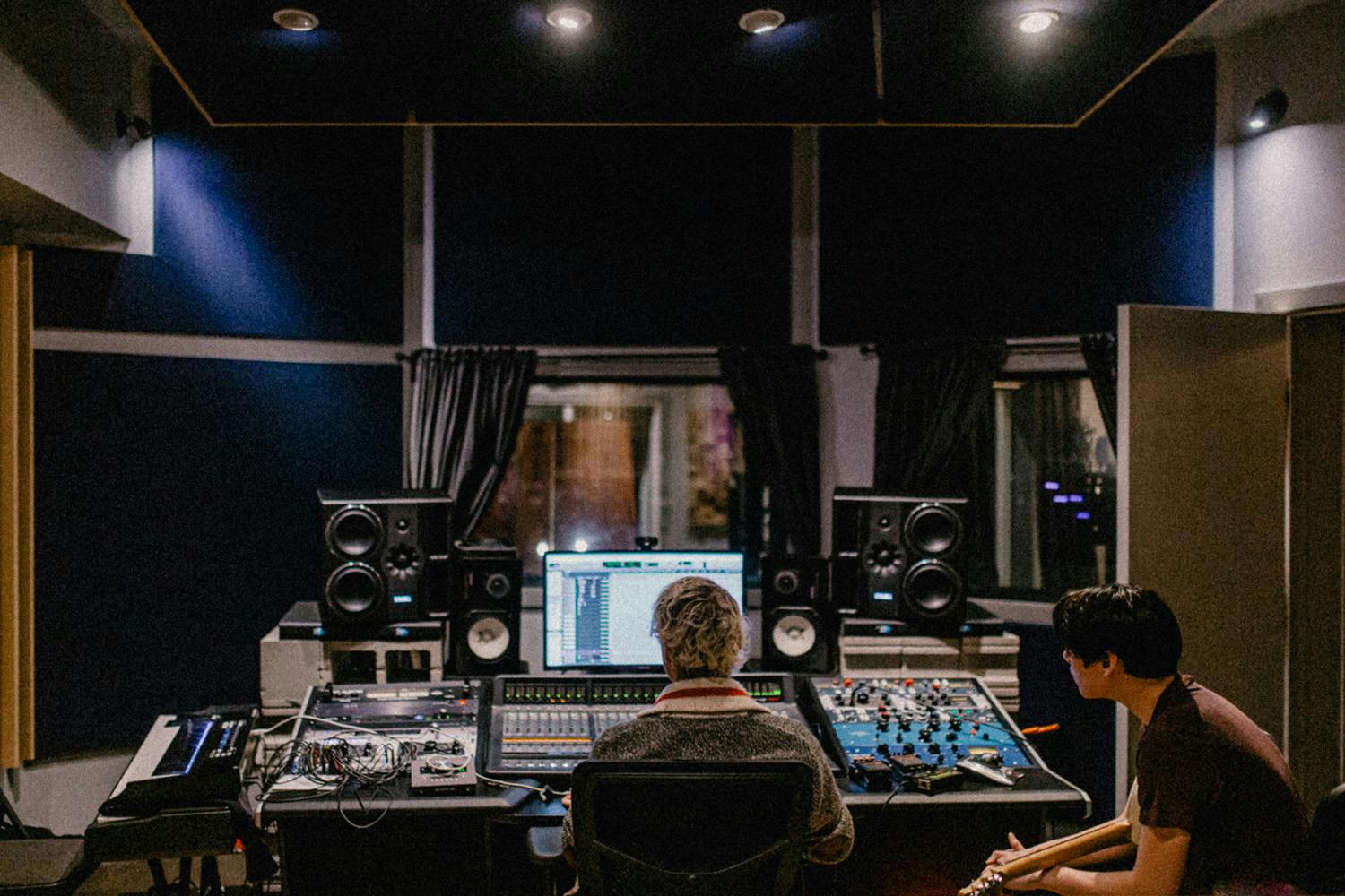 Music producers Mike Schlosser and Randor Lin working at Edmonton Recording studio Velveteen Studios on the latest Jenna Soroka track